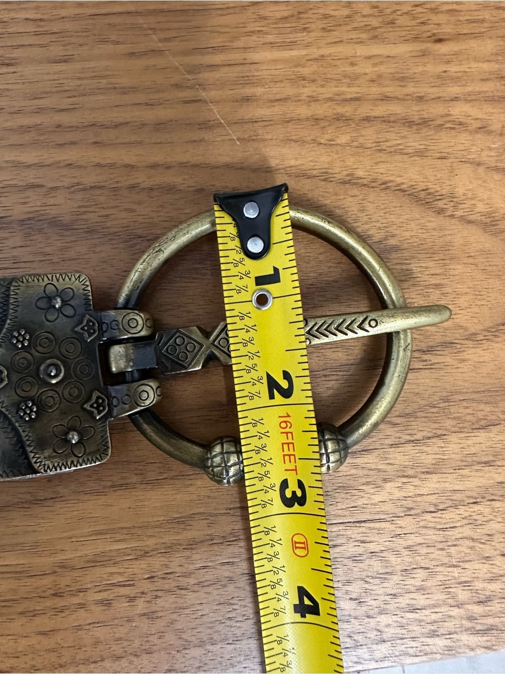 Vtg MZ New York Brown Leather Belt Antique Brass Ring Buckle SZ Med Unique Retro - Picture 8 of 9